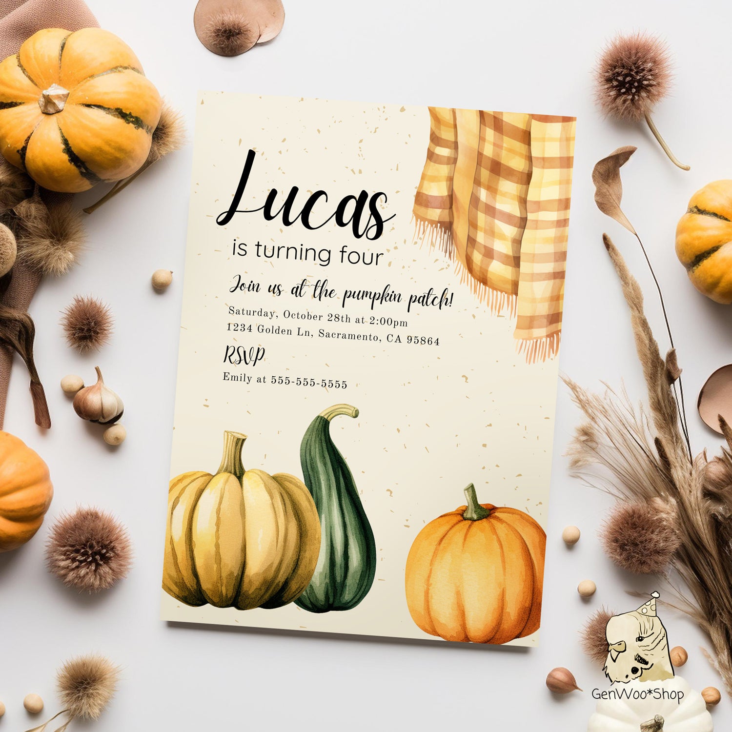 Editable Digital Pumpkins Harvest Birthday Party Invitation - Canva Template Instant Download - GenWooShop editable-digital-pumpkins-harvest-birthday-party-invitation-canva-template-instant-download-genwooshop