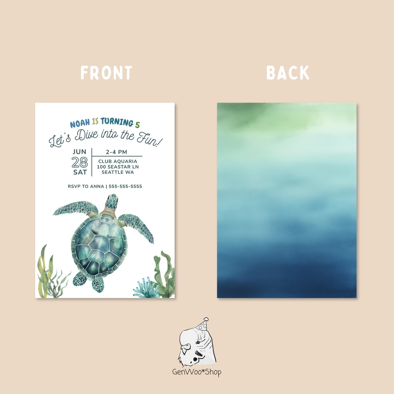 Editable Sea Turtle Birthday Party Digital Invitation