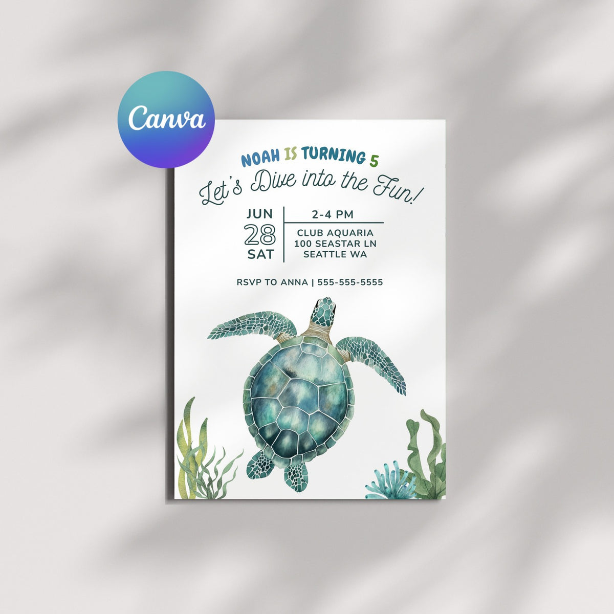 Editable Sea Turtle Birthday Party Digital Invitation