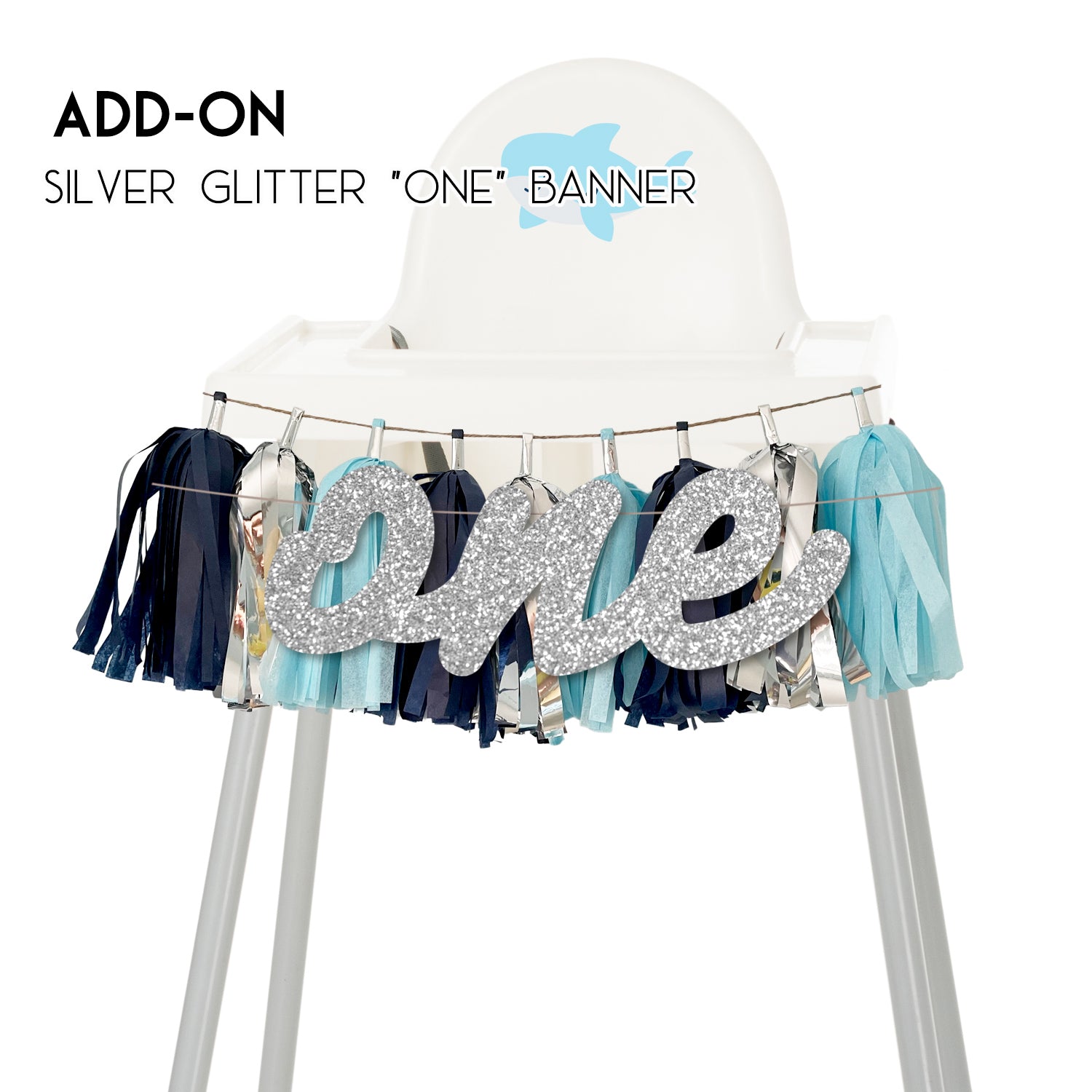 Shark High Chair Garland - Navy Silver Baby Boy First Birthday & Nautical Cake Smash Decorations