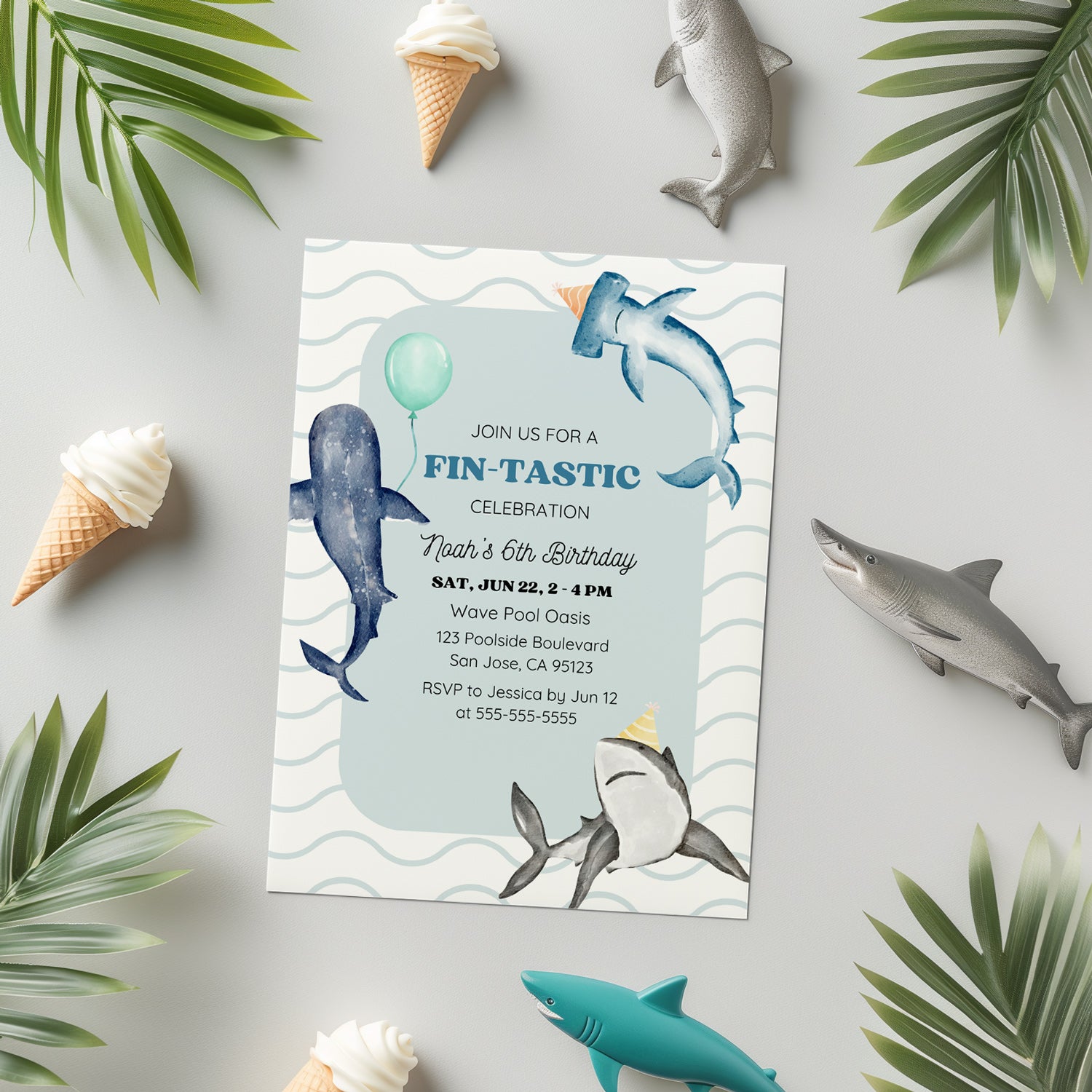 Editable Shark Fintastic Birthday Party Invitation - Boy Ocean Under the Sea Party