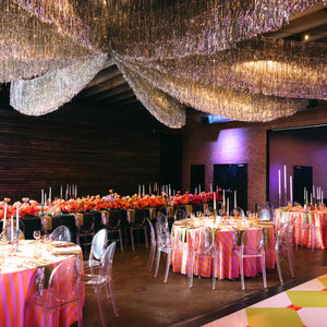 Ceiling Silver Tinsel Garlands At a wedding
