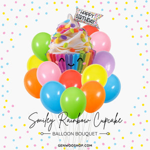 Smiley Rainbow Cupcake Balloon Bouquet - Colorful Birthday Party Balloons - Kawaii Cute Party Decorations - Ottawa Helium Balloons 