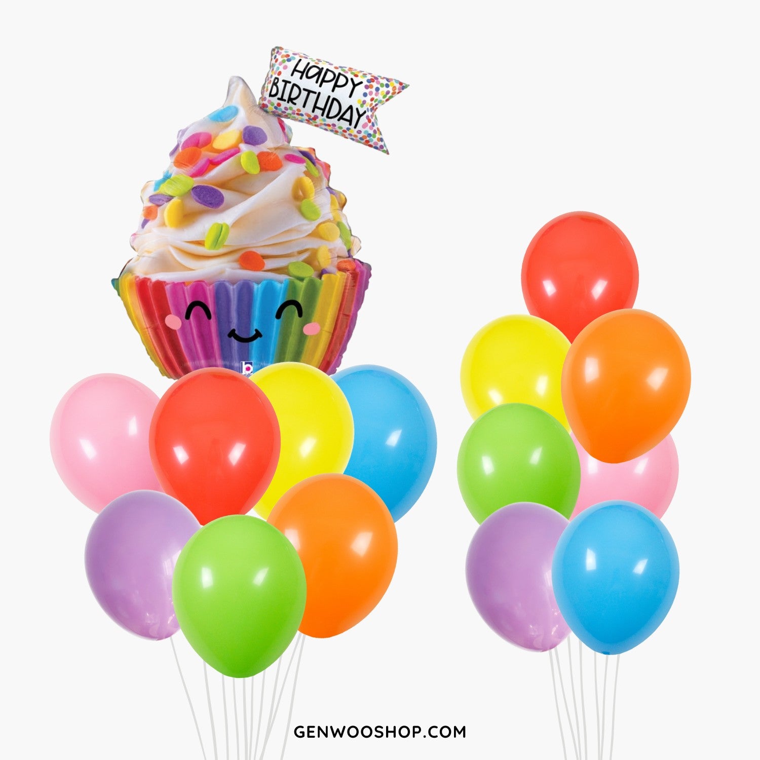 Smiley Rainbow Cupcake Balloon Bouquet