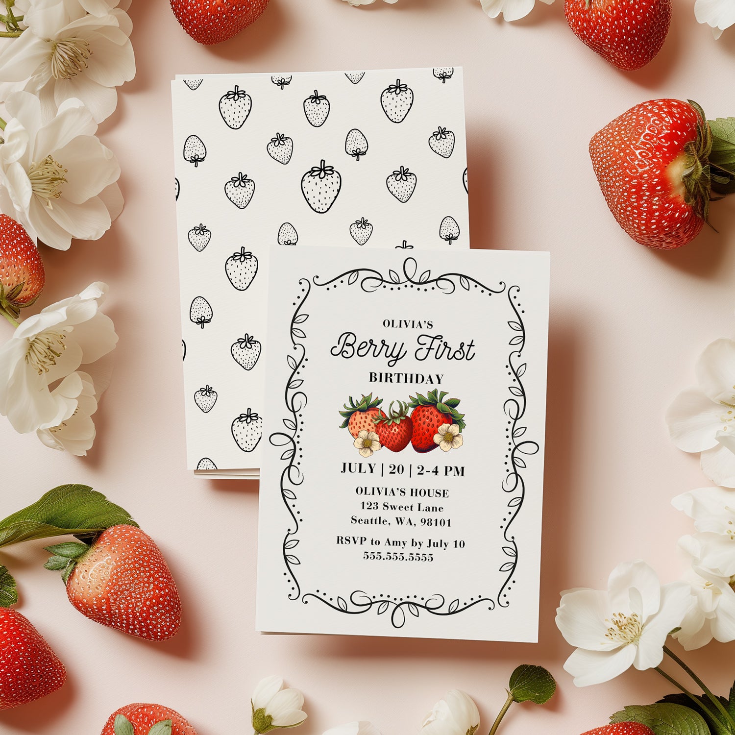 Editable Vintage Strawberry Birthday Party Invitation - Baby Girl Berry First Birthday