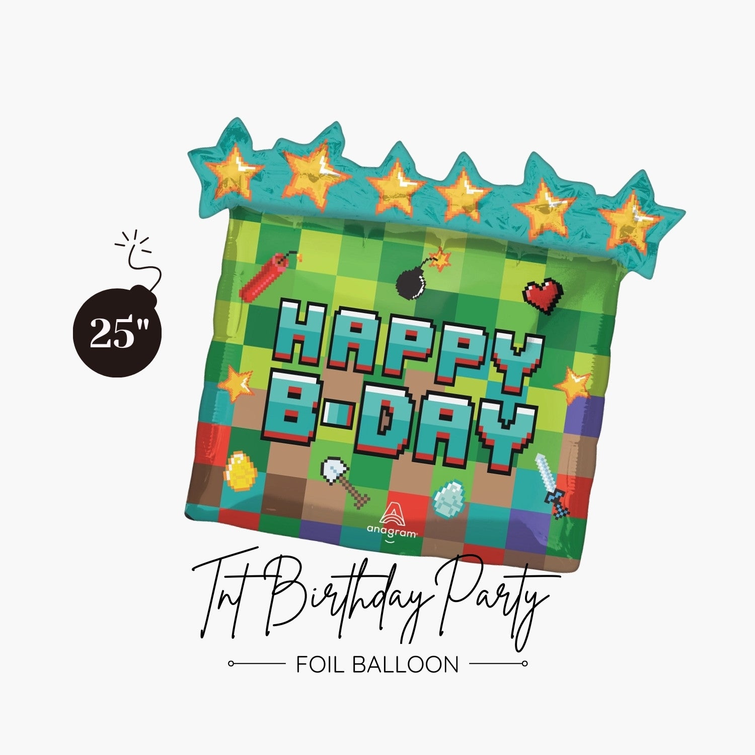 Tnt Birthday Party Pixel Foil Balloon 25" - Epic Pixel Video Game Party Decoration