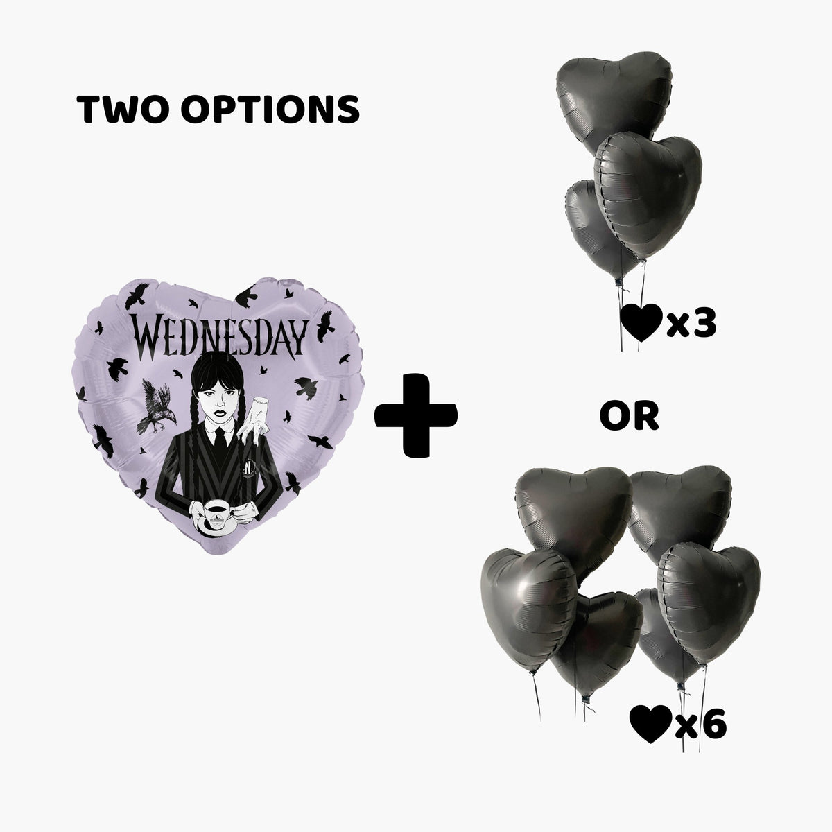 Black Heart Balloon Bouquet with Licensed Wednesday Foil Balloon