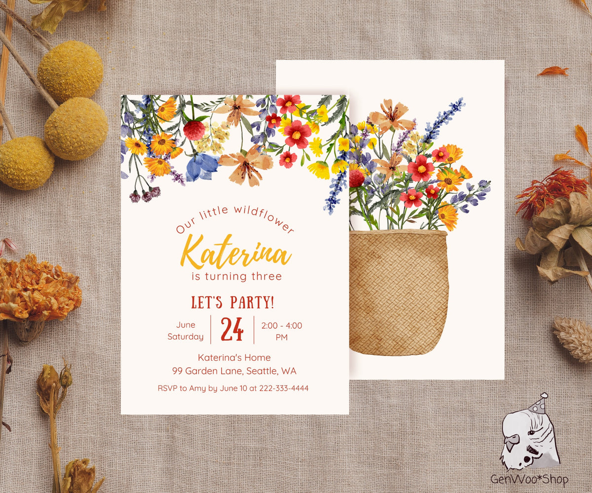 Editable Digital Wildflowers Birthday Party Invitation - Wildflowers Floral Garden Birthday Party Printable