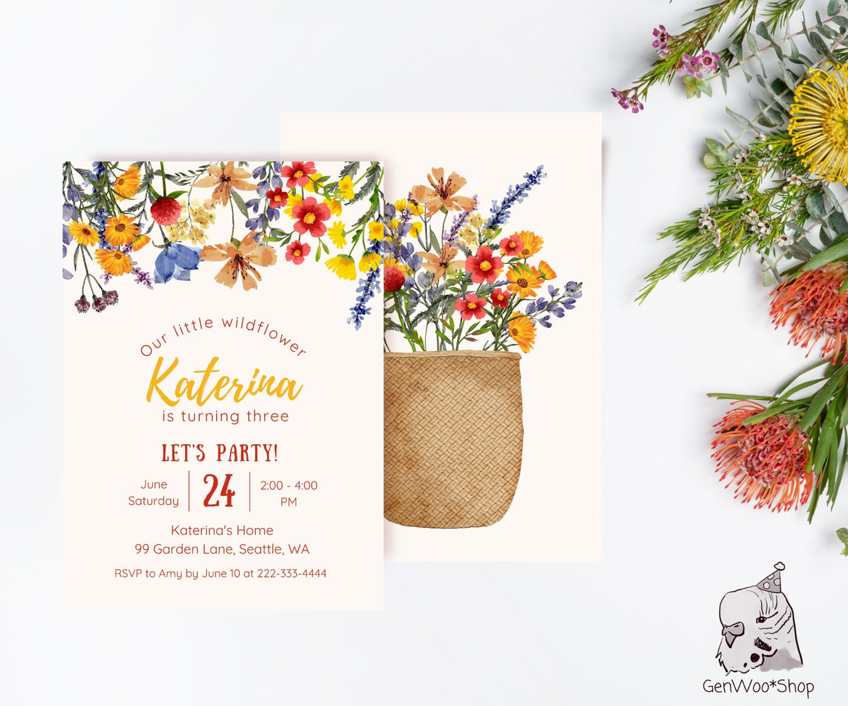 Editable Digital Wildflowers Birthday Party Invitation - Wildflowers Floral Garden Birthday Party Printable