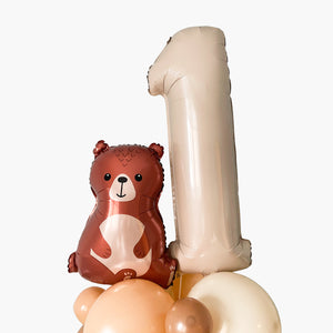 Woodland Bear and Beige Number 1 Balloon Tower - Woodland Animal 1st Birthday Party Balloon Decoration for Kids