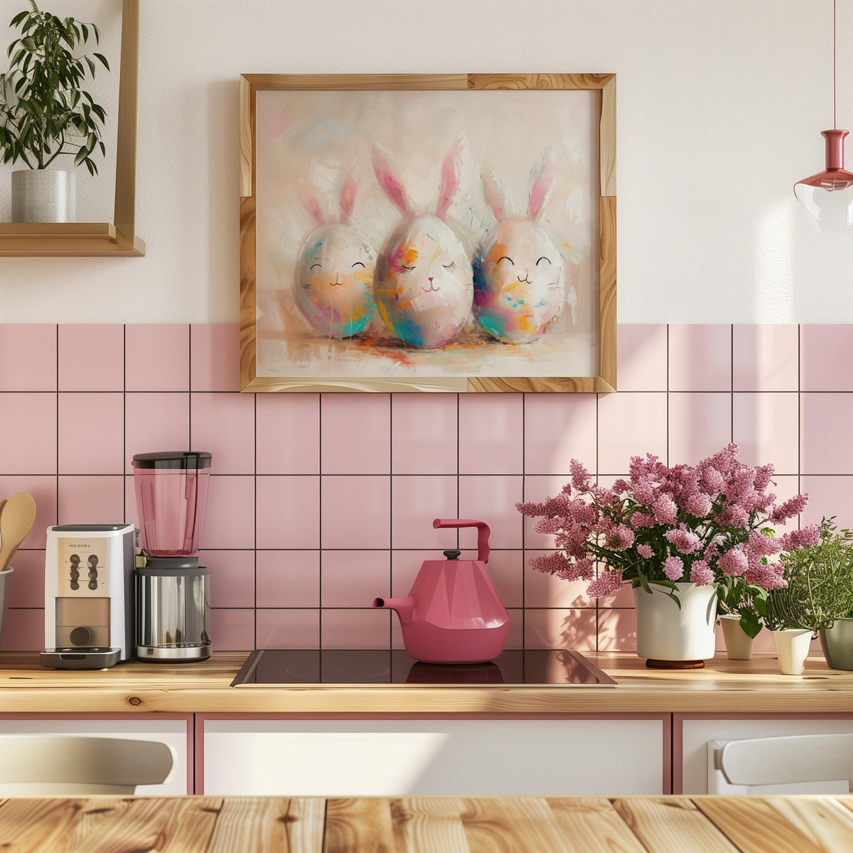 Easter Bunny Eggs Digital Print - Easter Kitchen Decors - Kids Room Wall Art - Cute Eggs Painting for Playroom