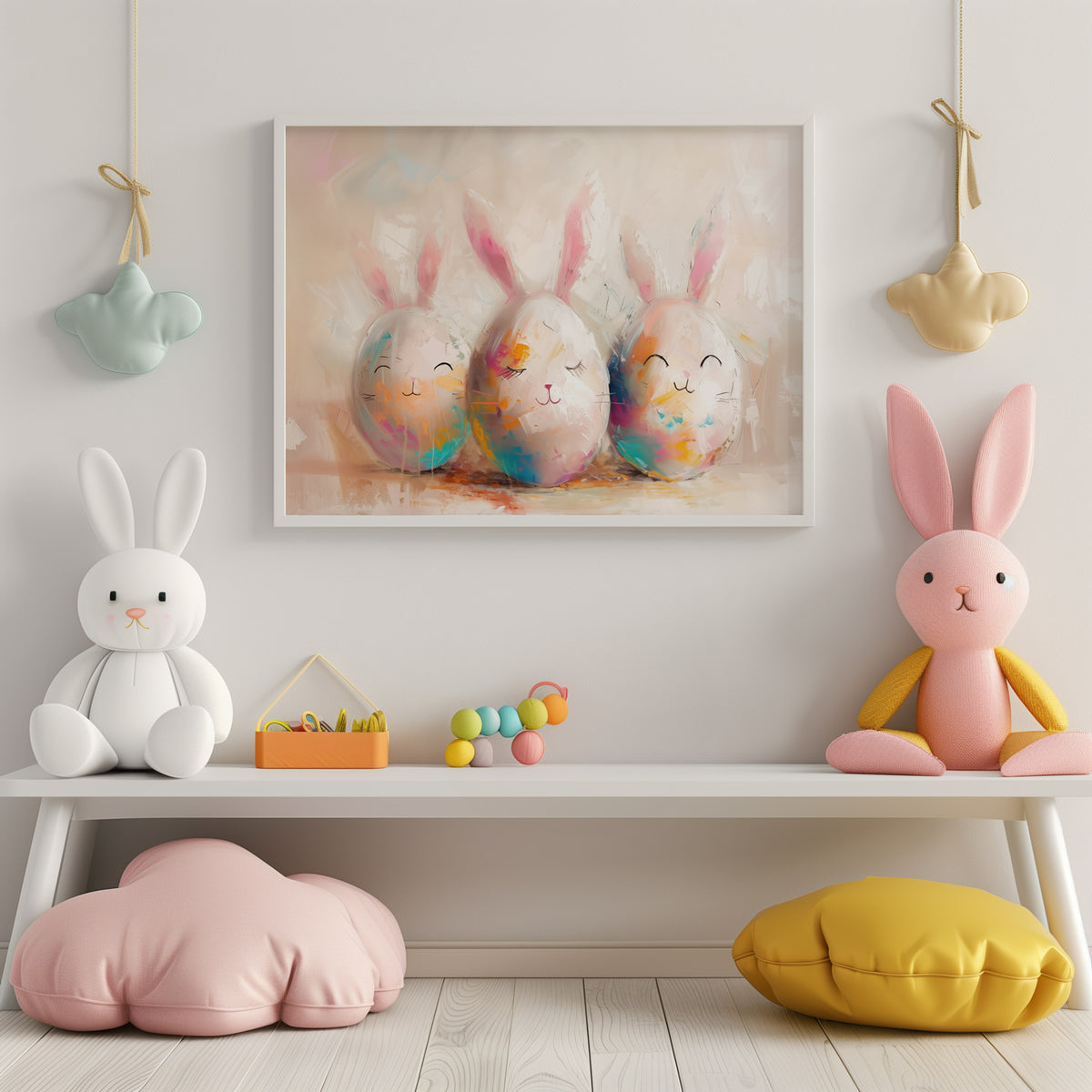 Easter Bunny Eggs Digital Print - Easter Kitchen Decors - Kids Room Wall Art - Cute Eggs Painting for Playroom