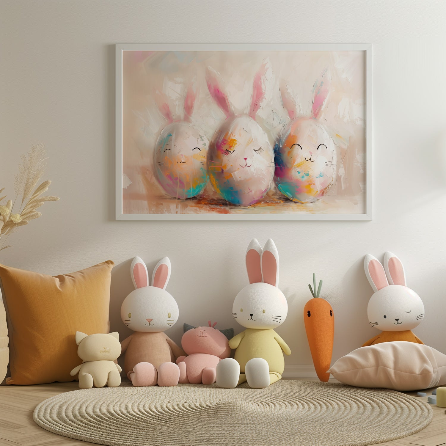 Easter Bunny Eggs Digital Print - Easter Kitchen Decors - Kids Room Wall Art - Cute Eggs Painting for Playroom