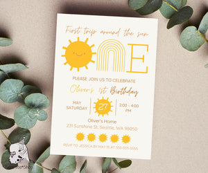Editable Digital 1st Trip Around the Sun First Birthday Party Invitation - You are my sunshine