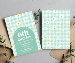 Editable Digital Green Gingham Daisy Birthday Invitation