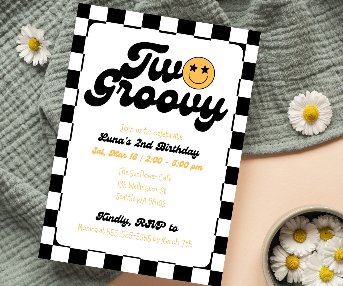 Editable Digital Black Checkered Two Groovy 2nd Birthday Party Invitation Canva Template With Yellow Smile Face