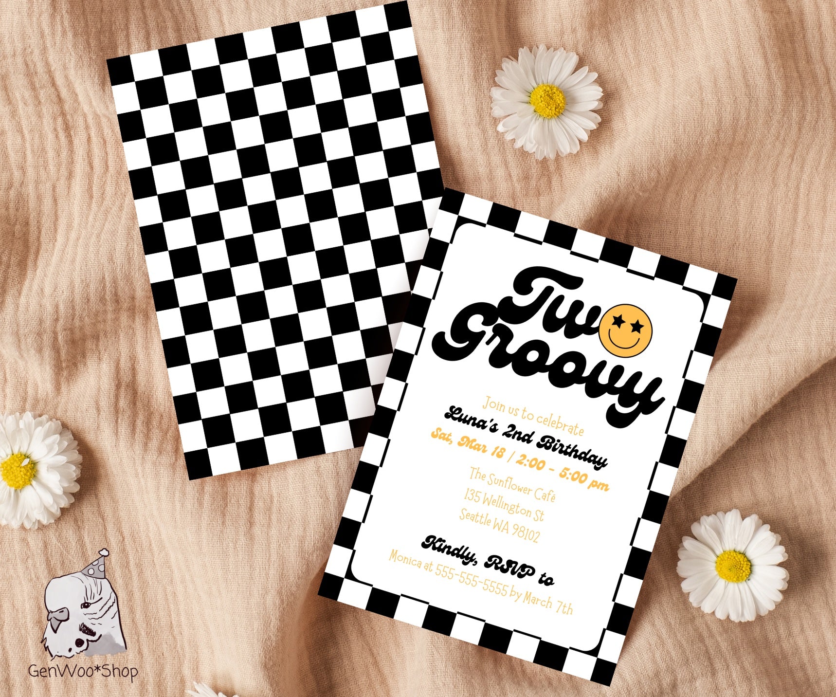 Editable Digital Black Checkered Two Groovy 2nd Birthday Party Invitation Canva Template With Yellow Smile Face