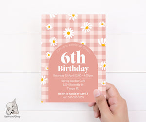 Editable Digital Blush Gingham Daisy Birthday Invitation