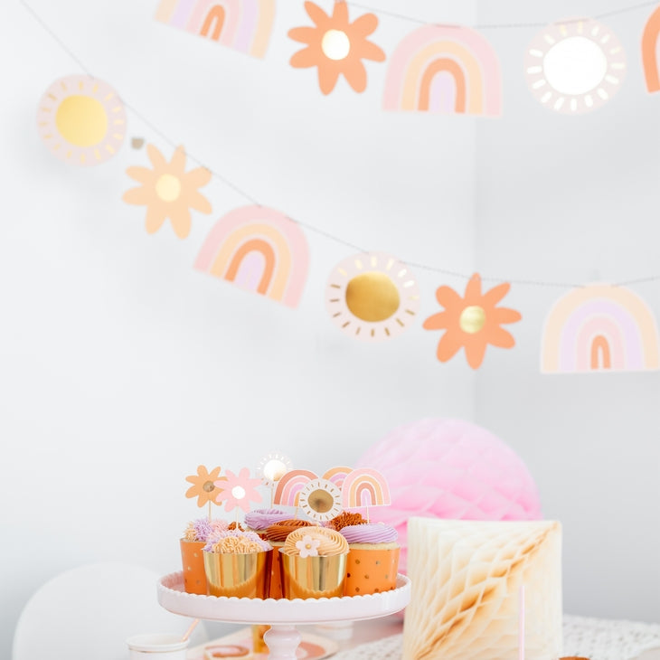 Boho Rainbow, Daisy and Sun Paper Party Banner - Retro Groovy Birthday Party Decorations