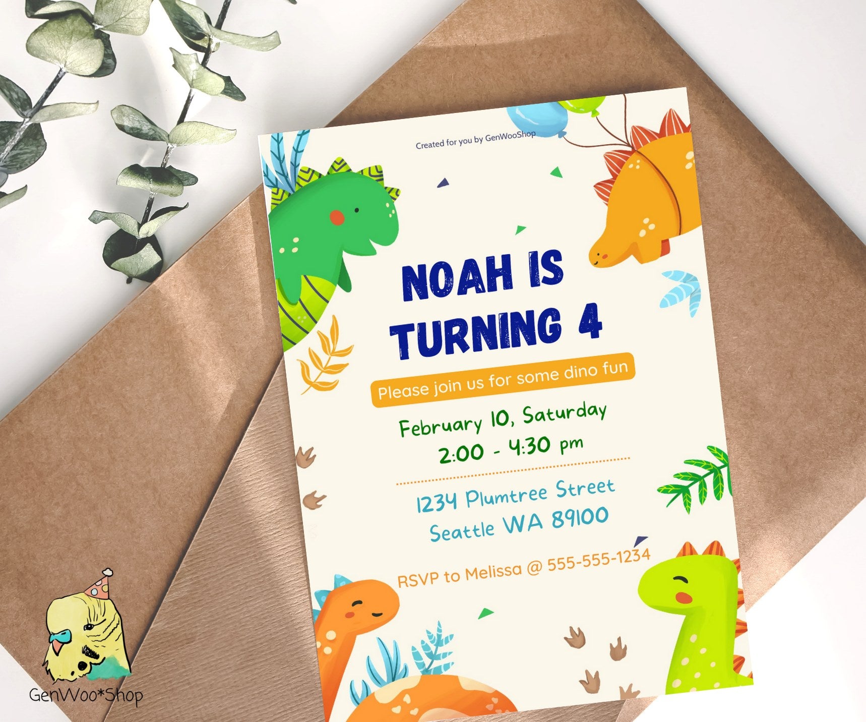 Editable Digital Dinosaur Birthday Party Invitation Canva Template