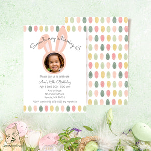 Editable Digital Easter Bunny Photo Birthday Invitation With Eggs - Spring Easter Themed Birthday Party Invitation Canva Template
