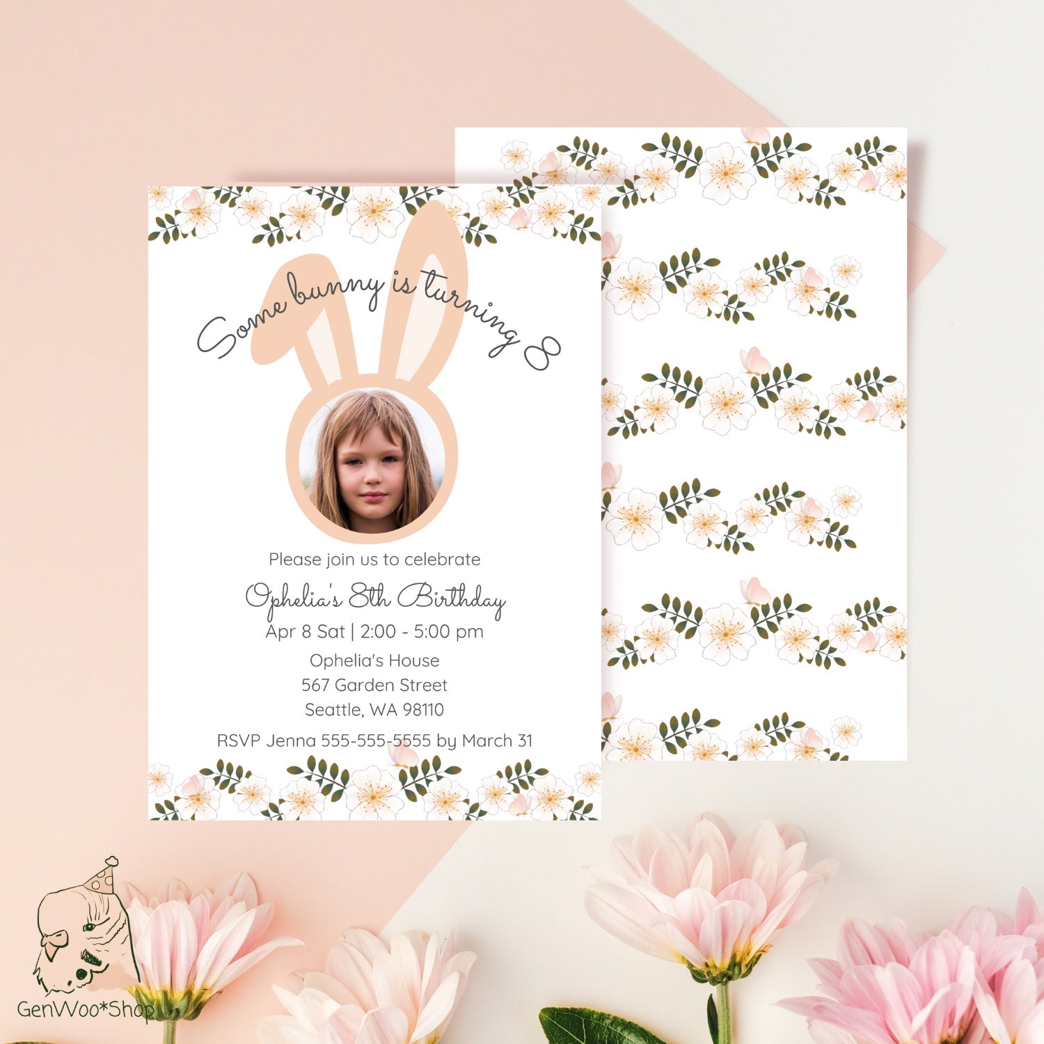 Editable Digital Easter Bunny Photo Birthday Invitation With Flowers - Spring Easter Themed Birthday Party Invitation Canva Template