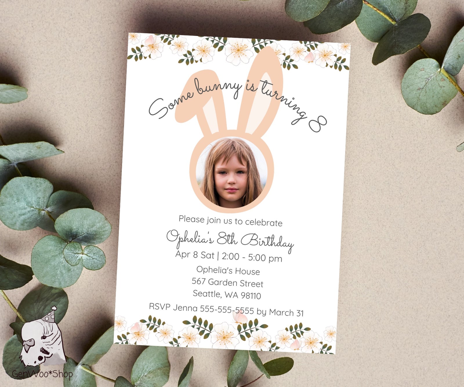 Editable Digital Easter Bunny Photo Birthday Invitation With Flowers - Spring Easter Themed Birthday Party Invitation Canva Template