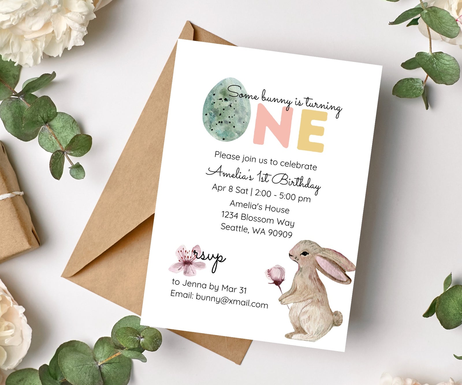 Editable Digital Easter Bunny 1st Birthday Invitation - Spring Easter Themed First Birthday Party Canva Template