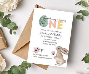 Editable Digital Easter Bunny 1st Birthday Invitation - Spring Easter Themed First Birthday Party Canva Template