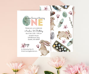 Editable Digital Easter Bunny 1st Birthday Invitation - Spring Easter Themed First Birthday Party Canva Template