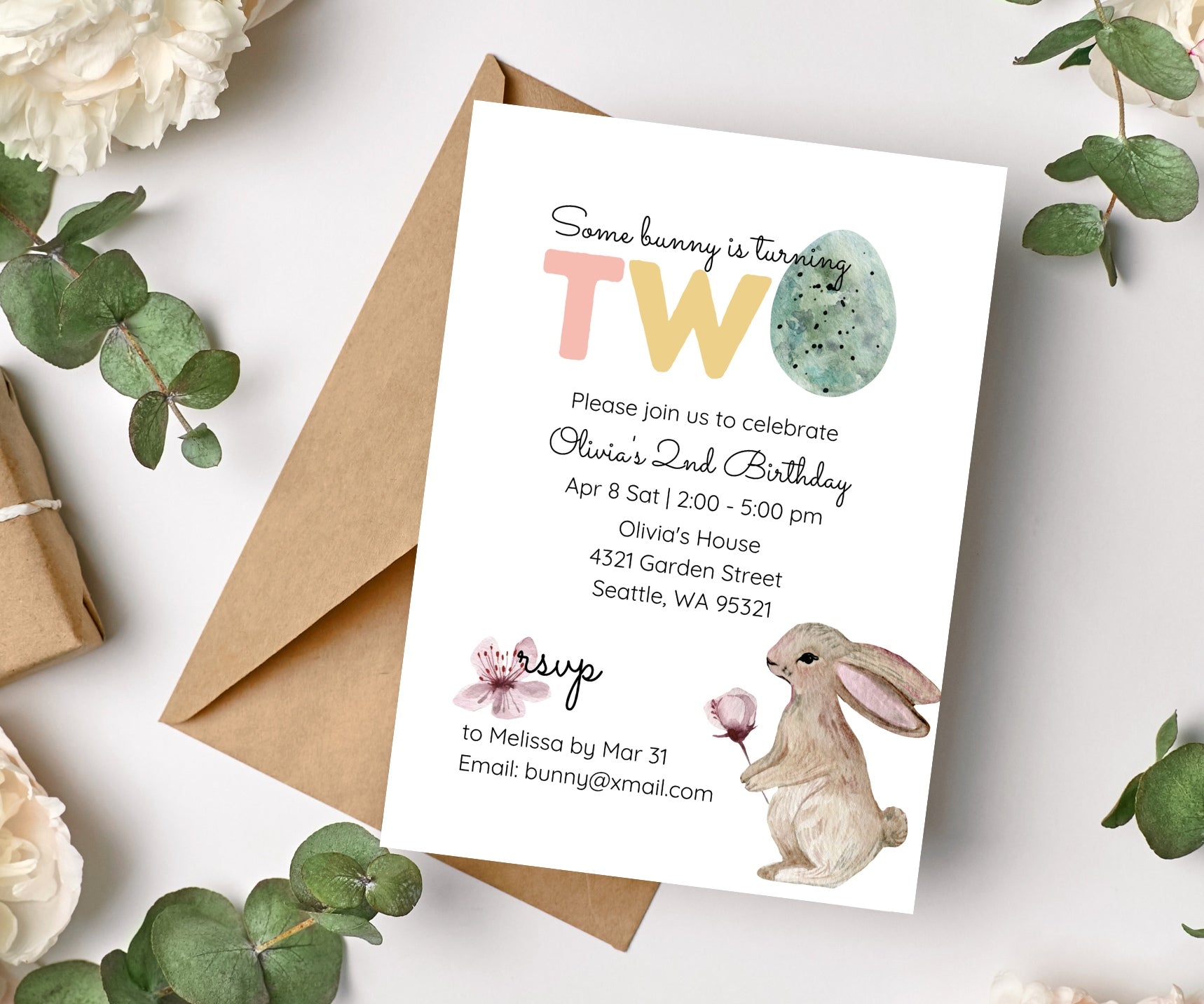 Editable Digital Easter Bunny 2nd Birthday Invitation - Spring Easter Themed Second Birthday Party Canva Template