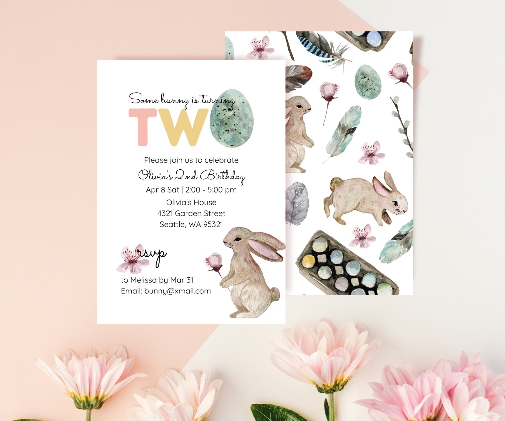 Editable Digital Easter Bunny 2nd Birthday Invitation - Spring Easter Themed Second Birthday Party Canva Template