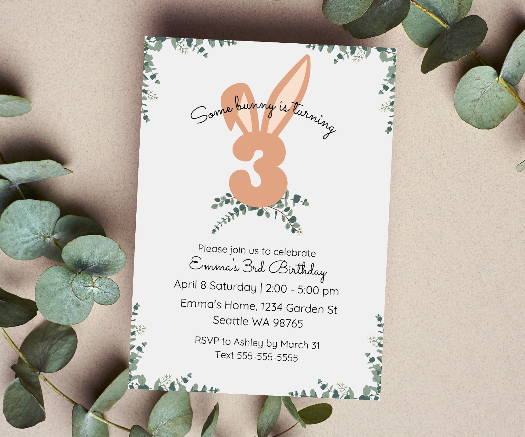 Editable Digital Easter Bunny Birthday Invitation