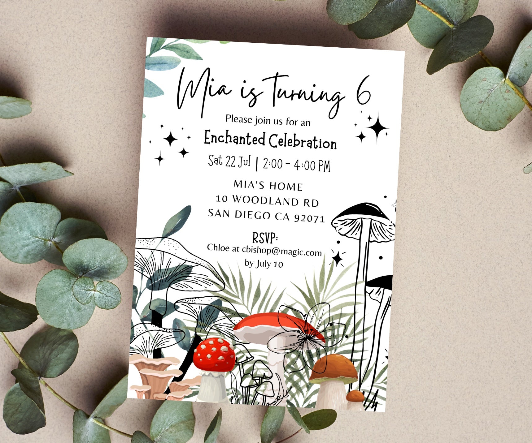 Editable Digital Enchanted Forest Birthday Invitation with Floral and Mushroom Illustrations
