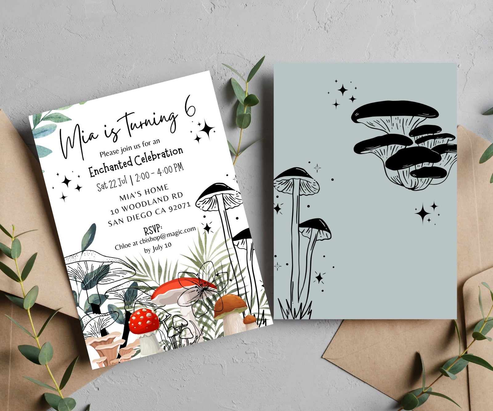 Editable Digital Enchanted Forest Birthday Invitation with Floral and Mushroom Illustrations