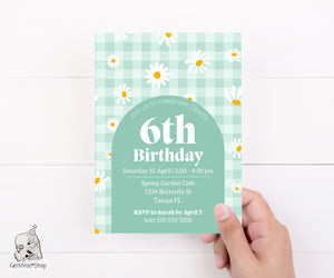 Editable Digital Blush Gingham Daisy Birthday Invitation - Perfect for Spring Picnic Birthday Party