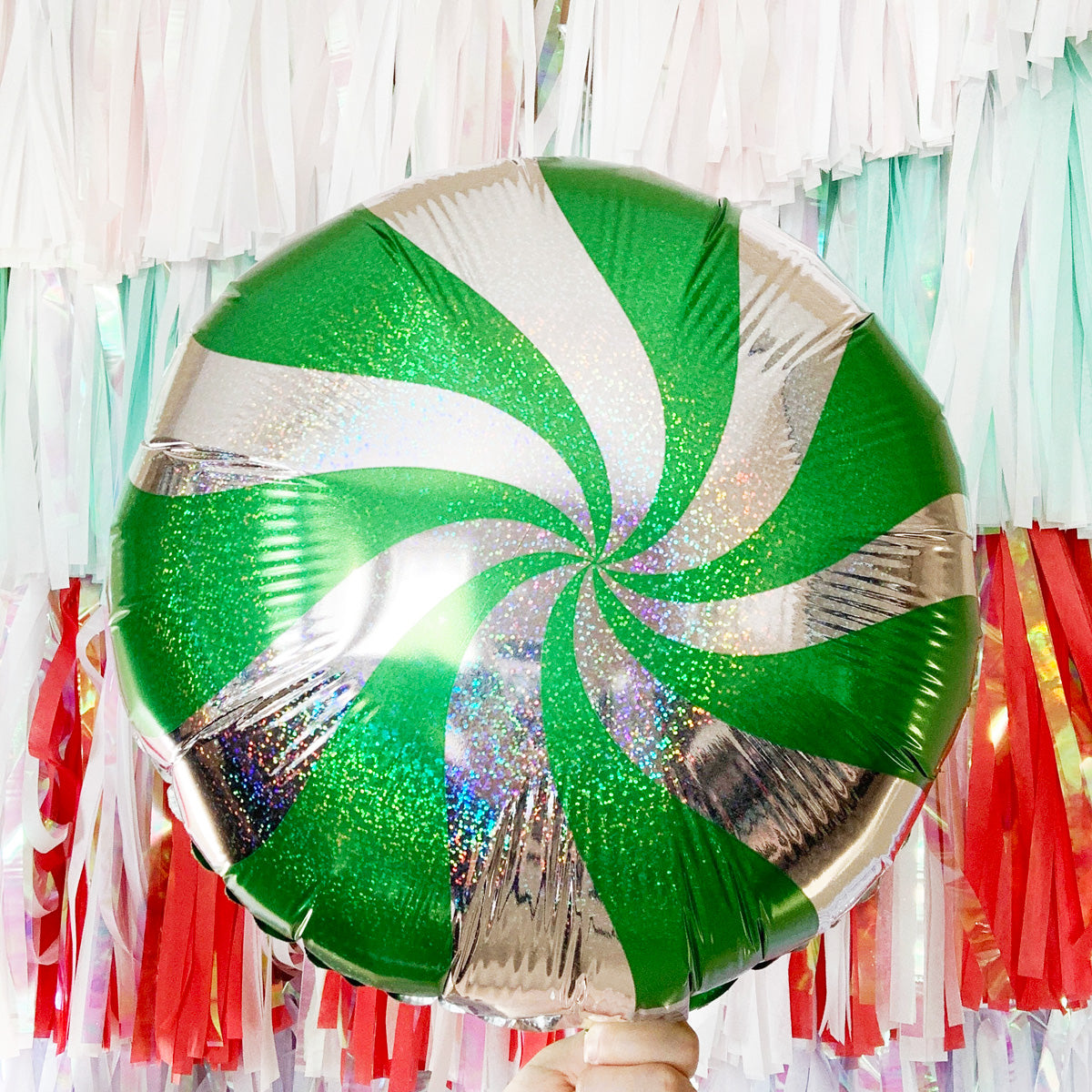 Holographic Green Peppermint Swirl Foil Balloon 18 inches, Christmas Party Decoration, Candy Cane Peppermint Balloon Decor, Holiday Birthday Party
