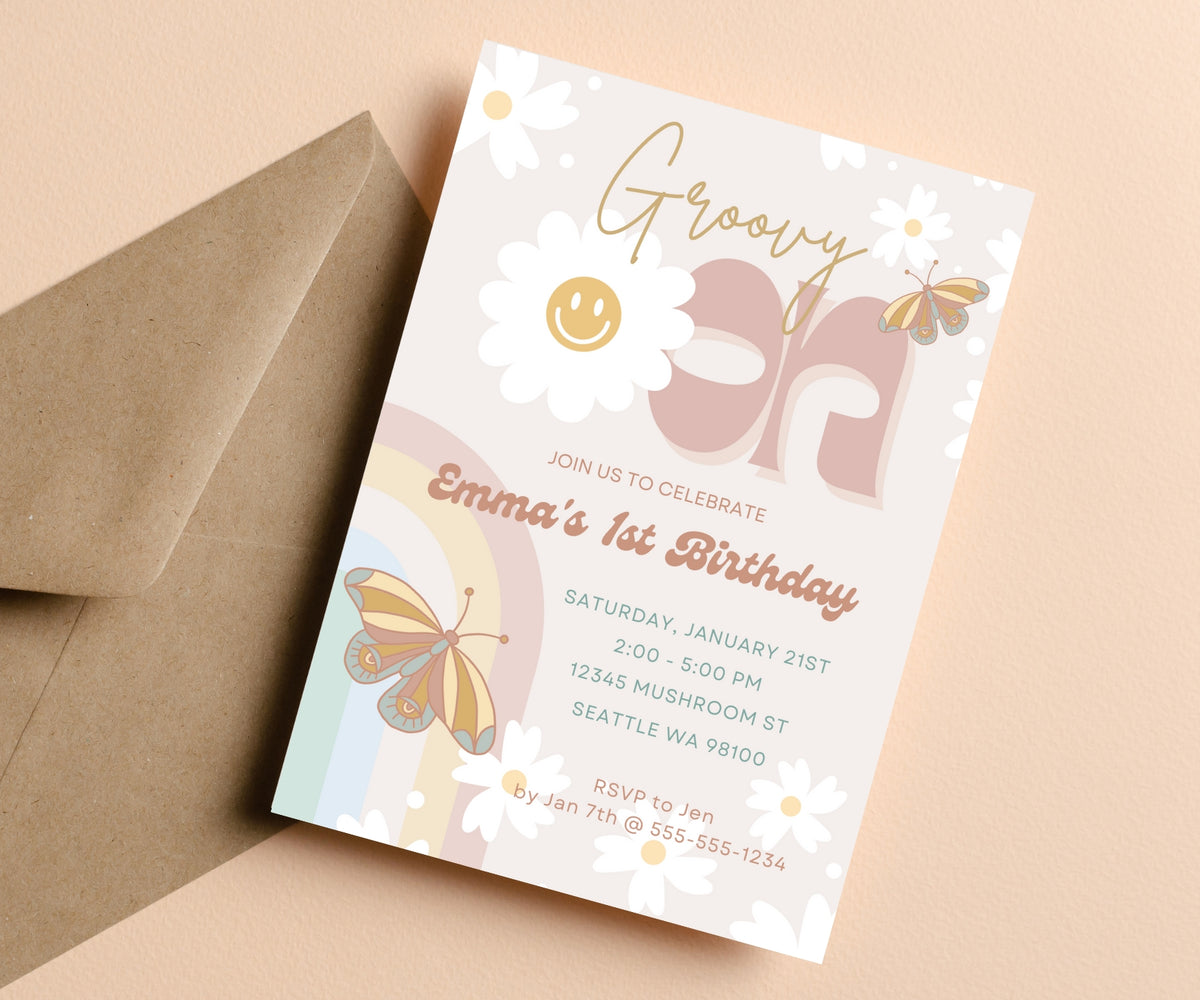 Editable Digital Groovy One 1st Birthday Party Invitation Canva Template