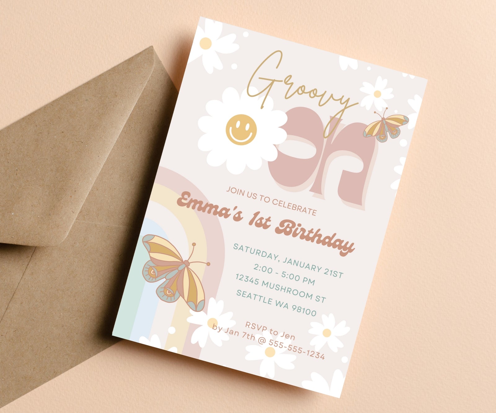 Editable Digital Groovy One 1st Birthday Party Invitation Canva Template