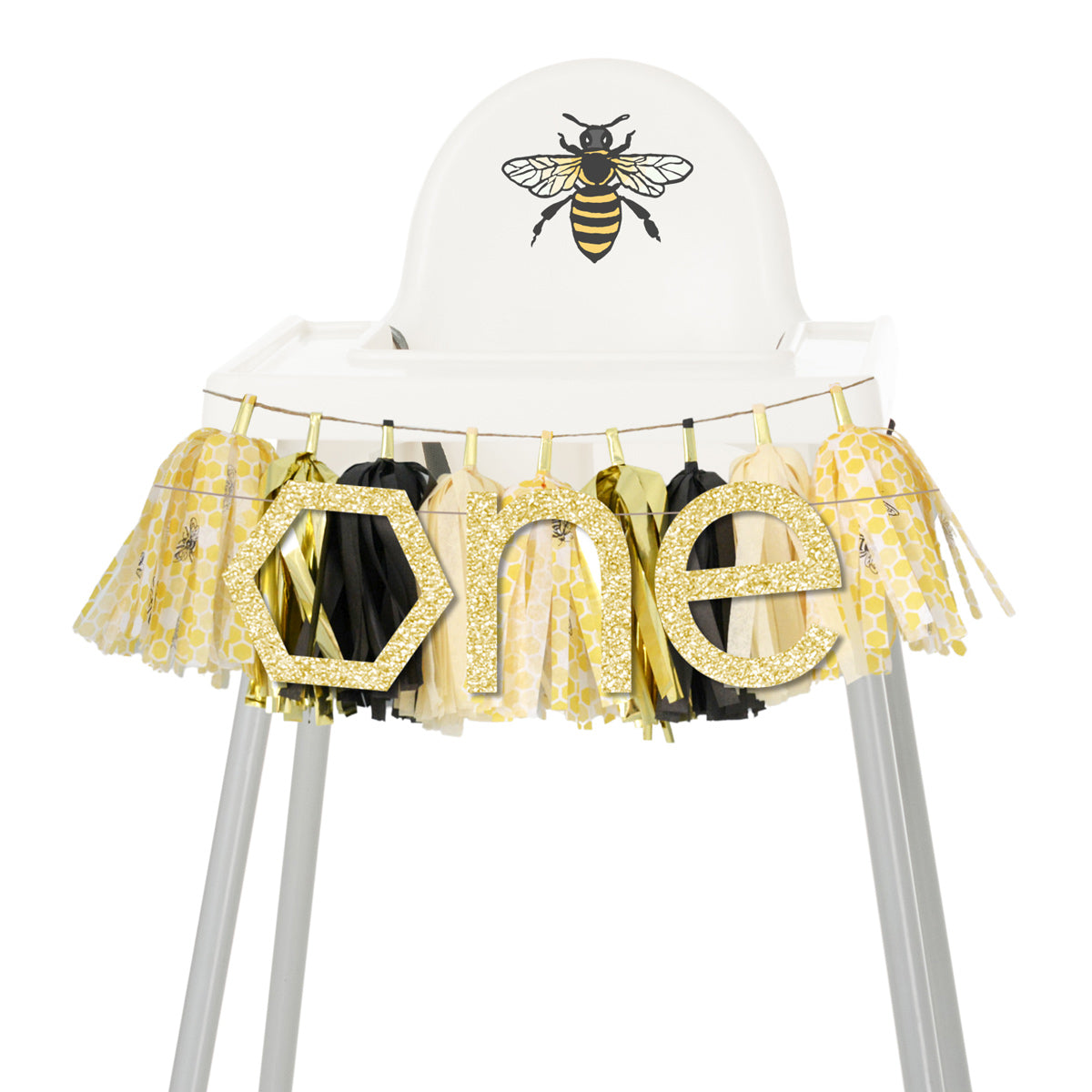 Gold Glitter Hexagon ONE Script Letter Banner - Bees Theme First Birthday High Chair Banner