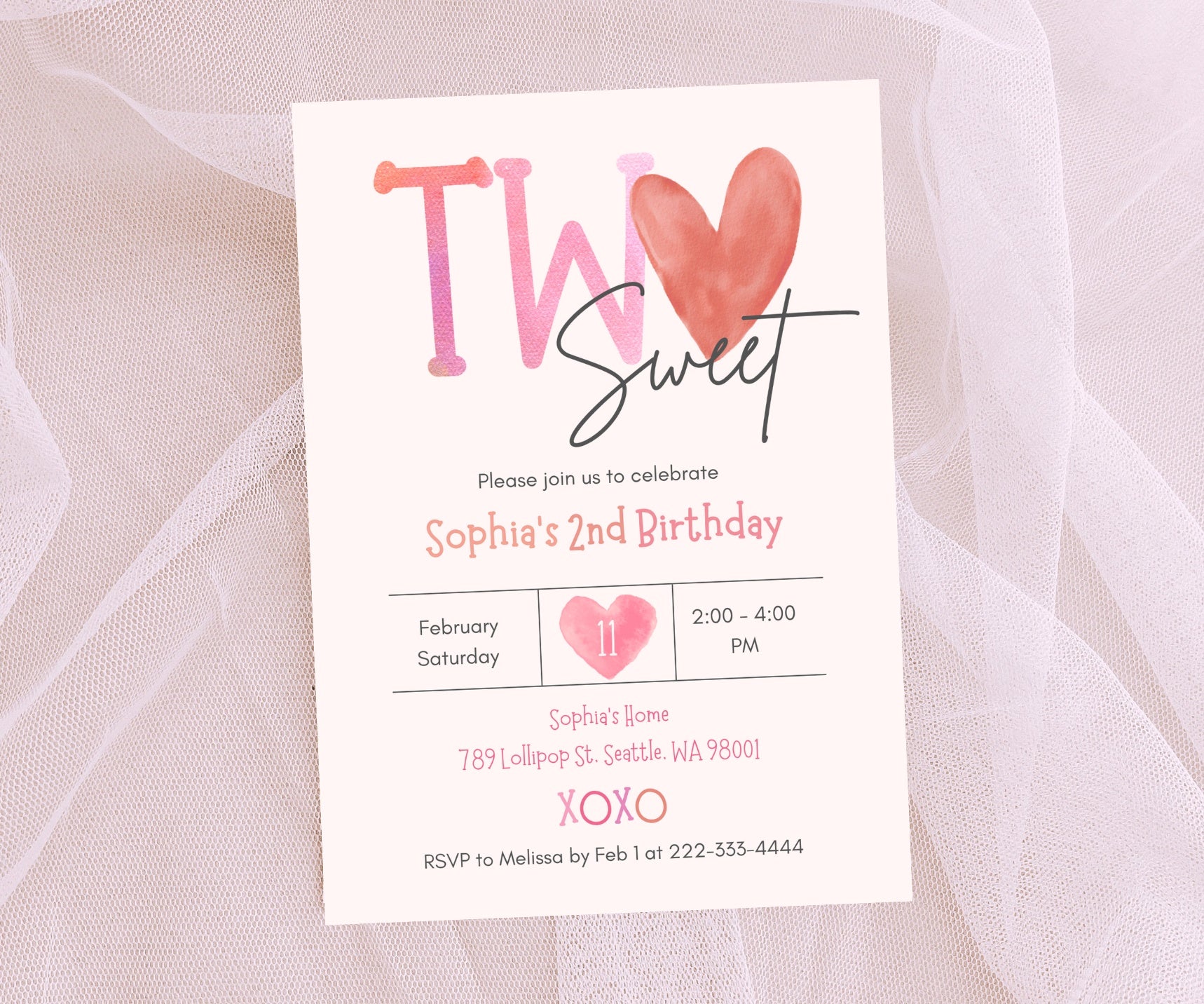 Editable Digital Valentine's Day Two Sweet 2nd Birthday Party Invitation with Pink Heart Illustrations