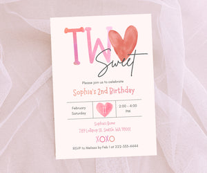 Editable Digital Valentine's Day Two Sweet 2nd Birthday Party Invitation