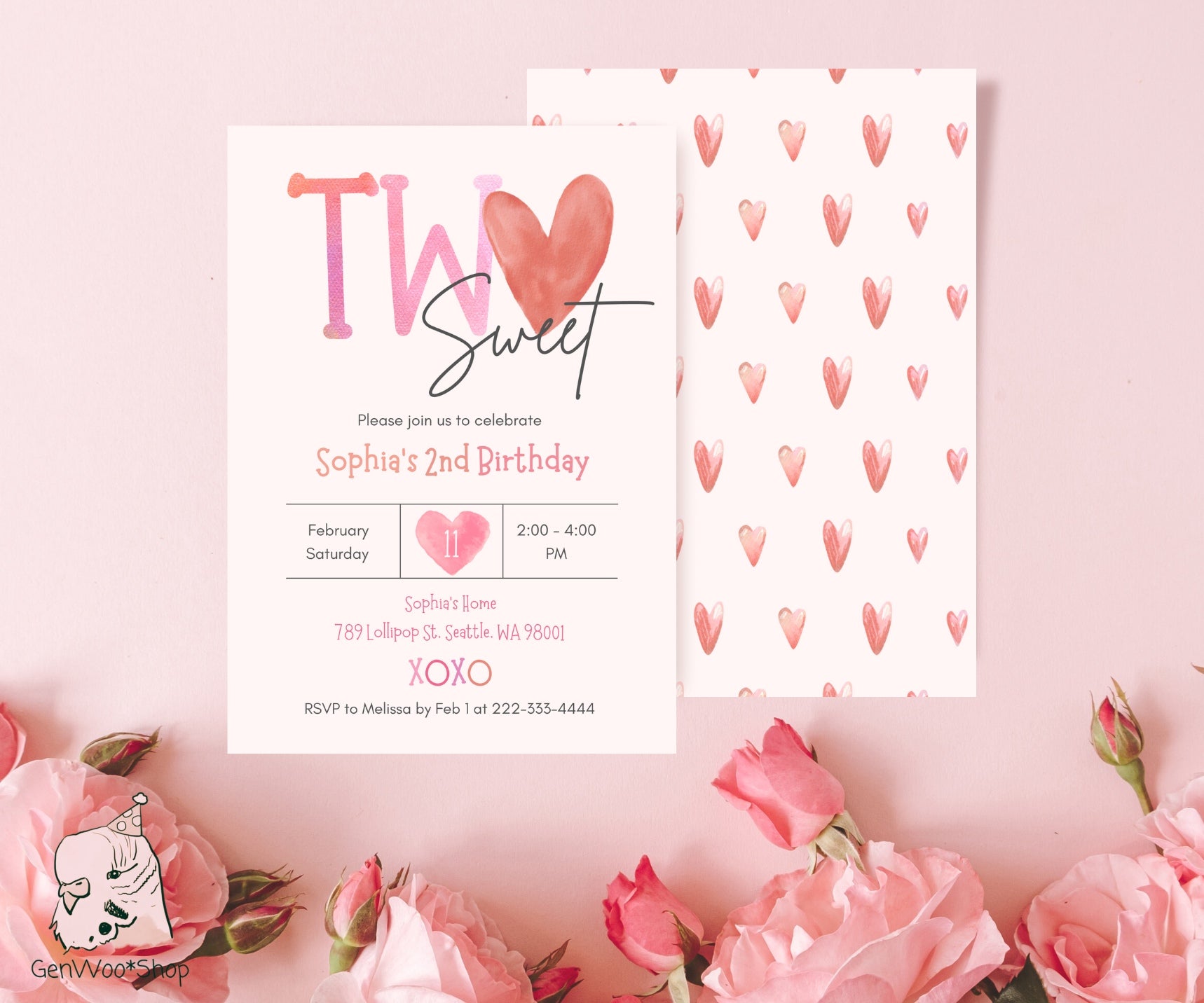 Editable Digital Valentine's Day Two Sweet 2nd Birthday Party Invitation with Pink Heart Illustrations