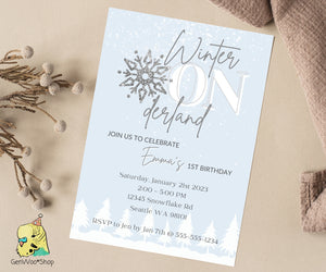 Editable Digital Winter Onederland 1st Birthday Party Invitation Canva Template