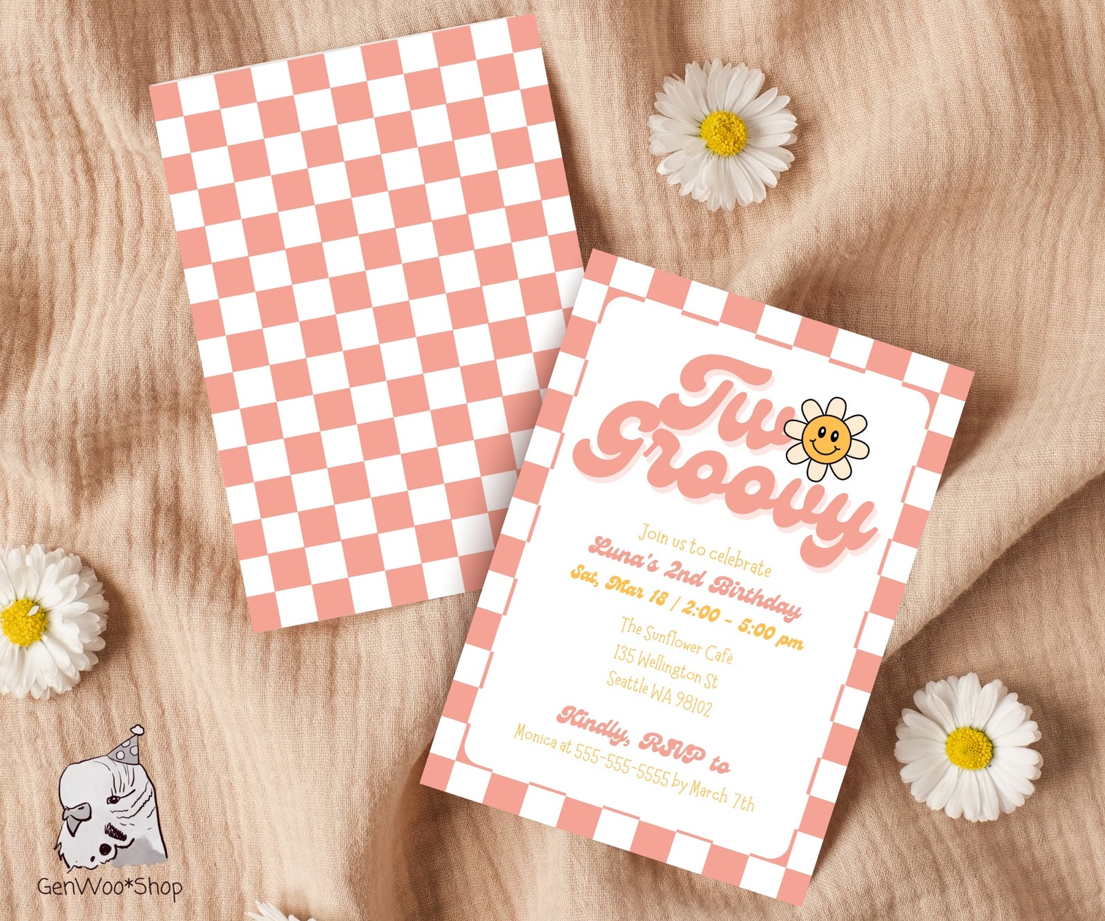 Editable Digital Two Groovy 2nd Birthday Party Invitation Canva Template