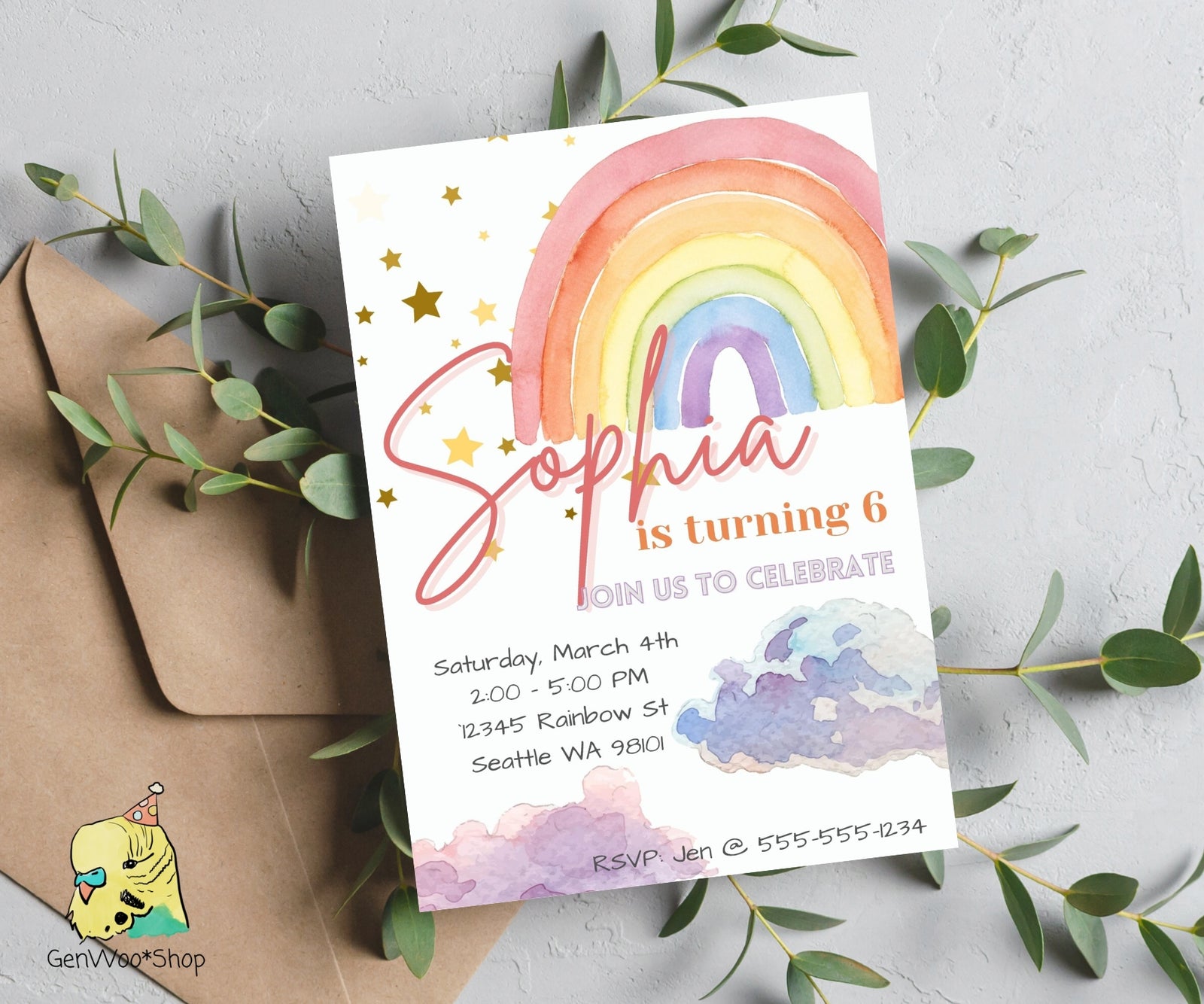 Editable Digital Watercolor Rainbow Birthday Party Invitation Canva Template