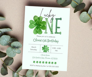 Editable Digital St Patrick's Day Lucky One 1st Birthday Invitation - Irish Baby Shamrock Lucky Clover First Birthday Party Canva Template