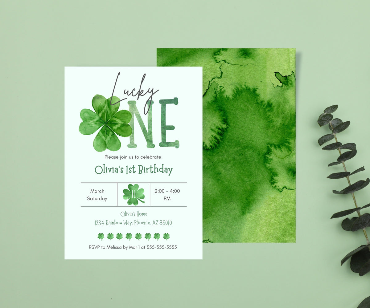 Editable Digital St Patrick's Day Lucky One 1st Birthday Invitation - Irish Baby Shamrock Lucky Clover First Birthday Party Canva Template