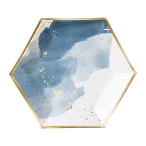 Blue Gold Hexagon Party Plates Large - Harlow & Grey Malibu Tableware - Baby Boy Shower Decoration, Blue Bohemian Partyware Supplies, Boy First Birthday Party Tableware