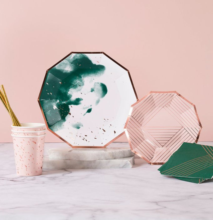 Green Rose Gold Watercolor Party Plates Large - Harlow & Grey Malibu Tableware - oho Party Paper Plates, Eucalyptus Party, Cactus Party, Watercolor Party Decor, Baby Shower